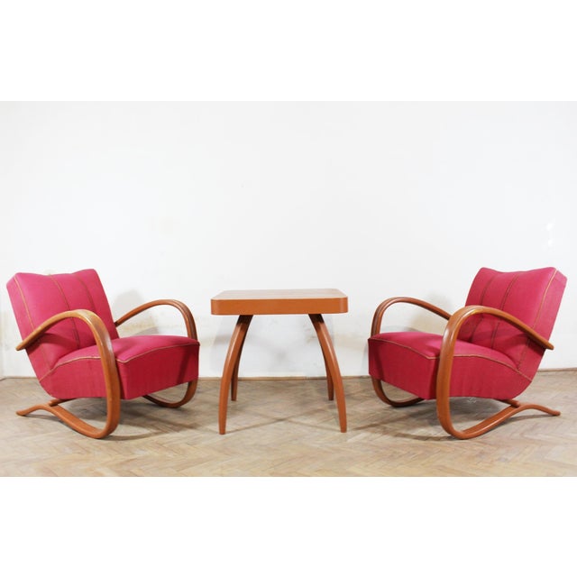Brown Bentwood Lounge Chairs with Coffee Table by Jindřich Halabala, 1930s, Set of 3 For Sale - Image 8 of 8