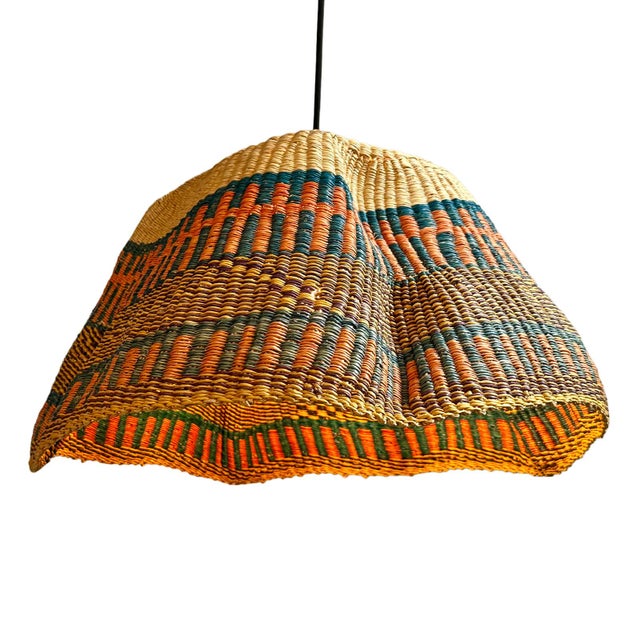 Late 20th Century African Bolga Wave Vintage Tribal Basket Pendant Light For Sale - Image 5 of 5