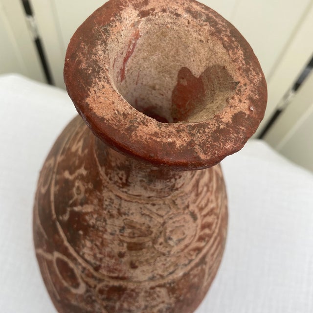 10" Vintage Primitive Figural Terracotta Vase - Rustic Sgraffito Earthenware Jug For Sale - Image 9 of 12