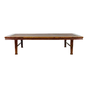 Chinese Qing Dynasty Elm Opium Bed Coffee Table with Rattan Top and Distressing