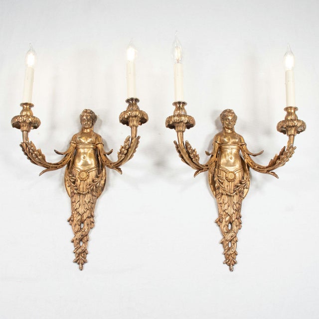 Large Pair of 19th Century French Empire Style Gilt Bronze Sconces Featuring Caryatids of Acantha For Sale - Image 4 of 12