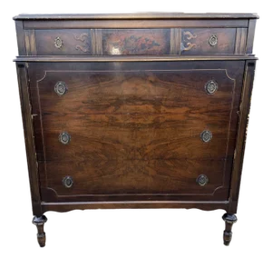 Rare 1925-Dated John Widdicomb French Provincial Tall Dresser Commode Burl Walnut Veneer, Floral Accents, Ornate Brass Ring Pulls, Cabriole Legs