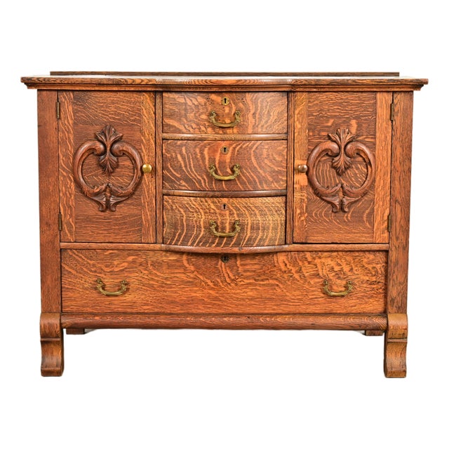 Antique Victorian Carved Tiger Oak Sideboard or Bar Cabinet, Circa 1890s For Sale