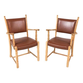 Pair Danish Modern Carved Armchairs W Leather Upholstery For Sale