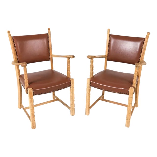 Pair Danish Modern Carved Armchairs W Leather Upholstery For Sale