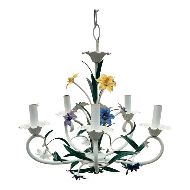 Vintage 5 Arm Tole Chandelier - 16" Wide For Sale