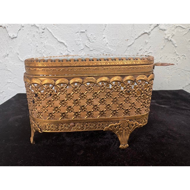 Metal Vintage Gilt Ormolu Jewelry Box With Beveled Glass Top and Velvet Interior For Sale - Image 7 of 10