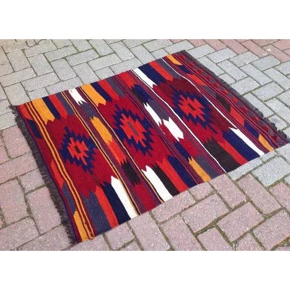 Boho Chic Vintage Red & Blue Kilim Rug - 2'11" x 3'6" For Sale - Image 3 of 5