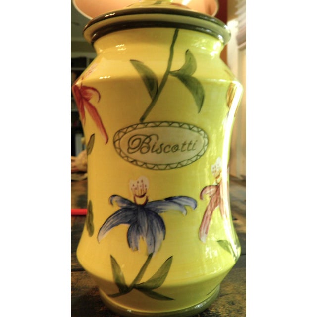 French Country Nonni’s Biscotti Jar Yellow Floral Porcelain Cookie Jar Canister For Sale - Image 3 of 9