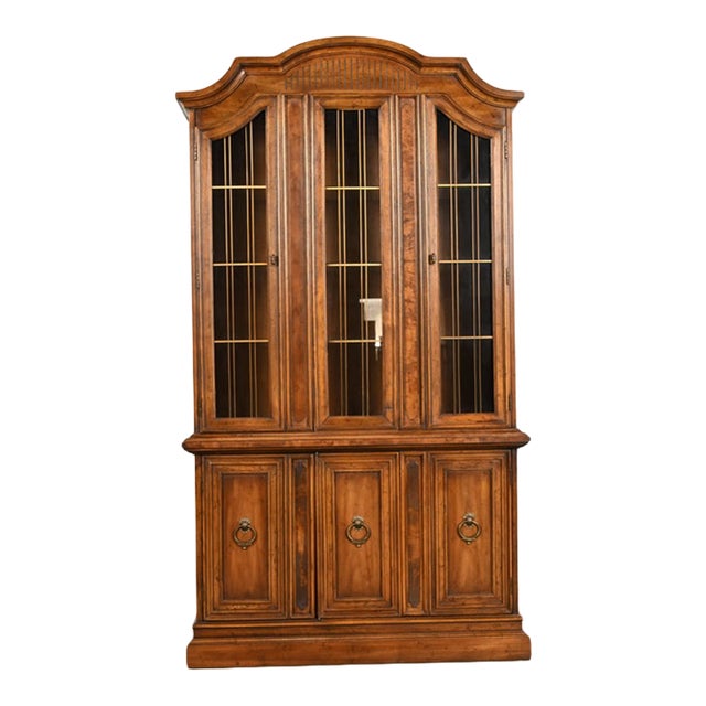 Drexel French Regency Louis XVI Carved Burled Walnut Lighted Breakfront Bookcase Cabinet, Circa 1960s For Sale