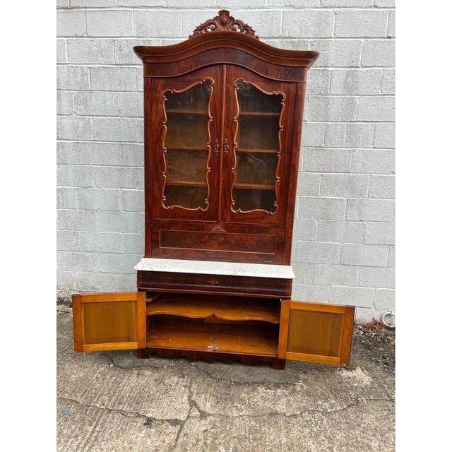 Brown Victorian Rococo Style Walnut Two-Part Marble Top Bureau Bookcase. 1860. For Sale - Image 8 of 12