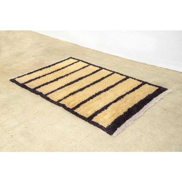 Vintage Handmade Turkish Tulu Beige and Brown Black Striped Wool Tribal Shag Floor Rug, 5’ X 8’ For Sale - Image 9 of 10