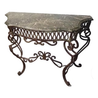 Ornate Vintage Wrought Iron & Green Marble Entryway/Foyer Table For Sale