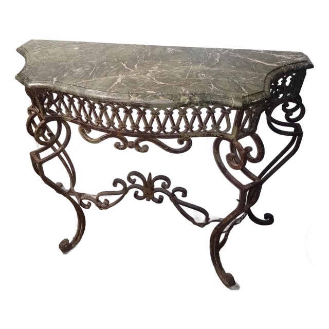 Ornate Vintage Wrought Iron & Green Marble Entryway/Foyer Table For Sale