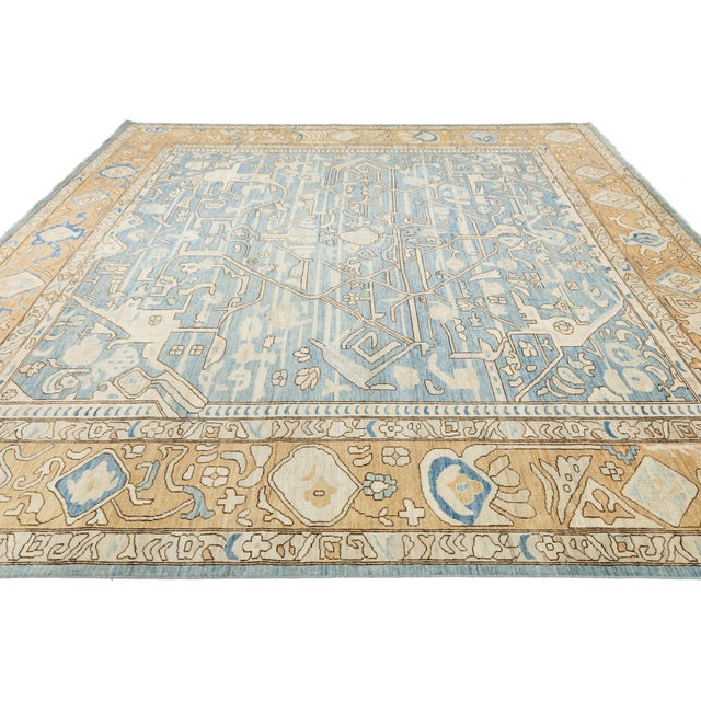 Contemporary Geometric Turkish-Inspired Wool Rug in Soft Blue and Beige 12x12 For Sale - Image 4 of 11