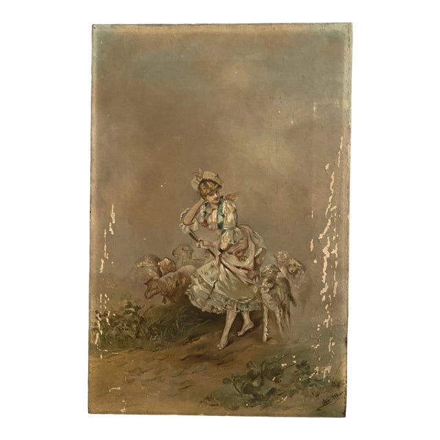 Hand painted oil composition; ‘Little Bo Peep’ narrative. Finely painted, large open sky above might indicate it was an...