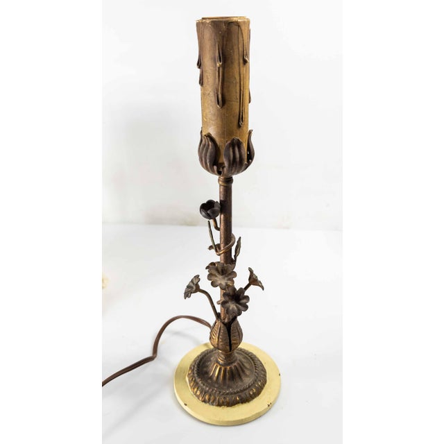 Metal 20th Century Italian Floral Tole Ware Style Metal Boudoir Table Lamp With Distressed Shade For Sale - Image 7 of 12