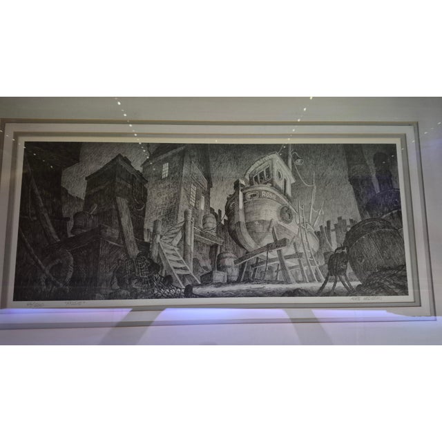 This item is a limited edition Mike Hodgson Disney lithograph print, numbered 109/500, featuring a detailed boat scene...