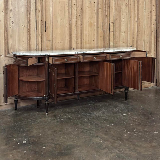 Grand Louis XVI Style Flame Mahogany Buffet With Marble Top For Sale - Image 12 of 18