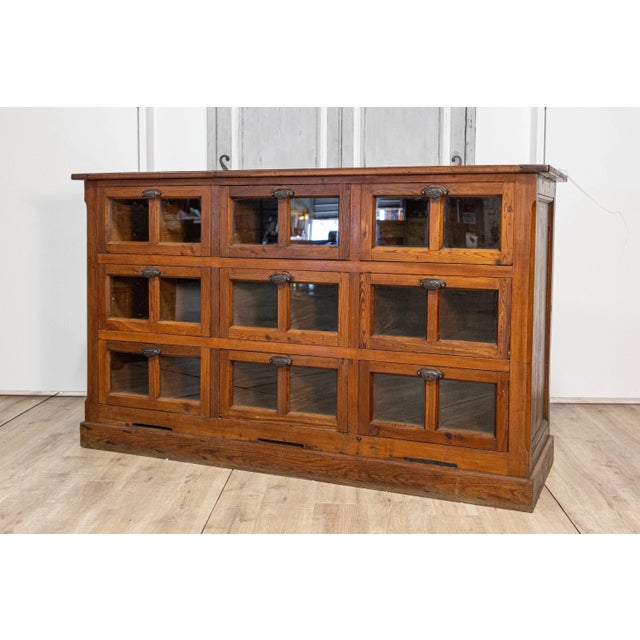 Mid 20th Century Mid 20th Century Italian Walnut and Iron Pastaia Shop Cabinet with Nine Drawers and Glass Panels For Sale - Image 5 of 8