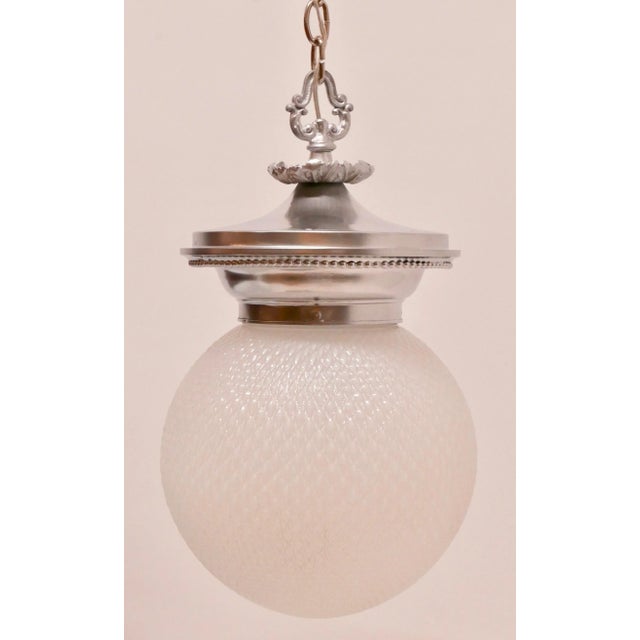 Antique Opaline Glass Globe and Cast Metal Hanging Pendant Light Fixture For Sale - Image 10 of 12