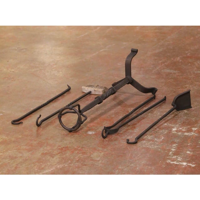 Mid-Century French Gothic Hand-Forged Iron Fireplace Serviteur Set For Sale - Image 9 of 10