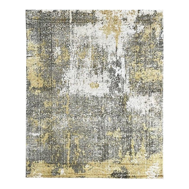 7x9 Ivory Hand-Knotted Wool Distressed Texture Abstract Modern Carpet Rug For Sale