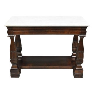 Antique French Empire Mahogany White Marble Top Console Hall Table W/ Drawer For Sale
