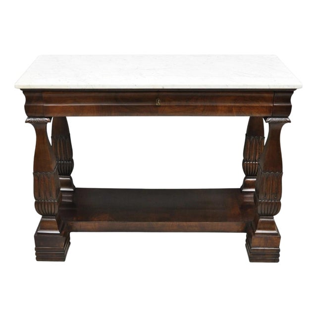Antique French Empire Mahogany White Marble Top Console Hall Table W/ Drawer For Sale