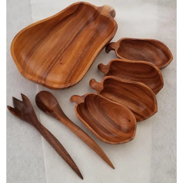 Vintage Monkeypod Salad Serving Bowl Set Pear Shaped Salad Set For Sale - Image 10 of 10