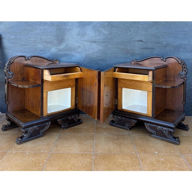 Wood Pair of Art Deco Walnut Bedside Nightstands, 1940s For Sale - Image 7 of 9
