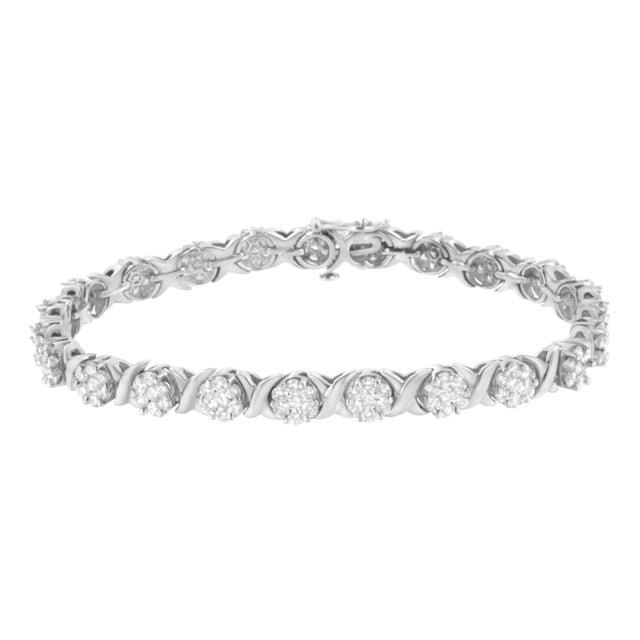 14K White Gold 4 7/8 Cttw Round Brilliant-Cut Diamond Round Cluster & X-Link 7" Tennis Bracelet (I-J Color, SI2-I1 Clarity) For Sale