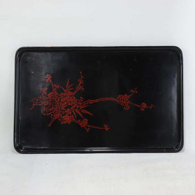 Vintage Chinese Black Lacquer Rectangular Serving Tray - Red and Gold Plum Blossom Motif For Sale In New York - Image 6 of 16