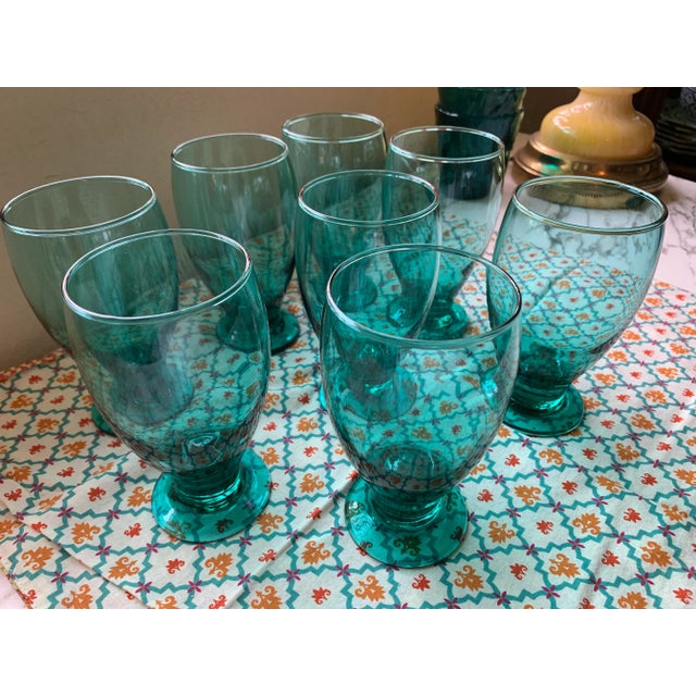 Contemporary Teal Glass Water Goblets Set of 8 For Sale - Image 4 of 12