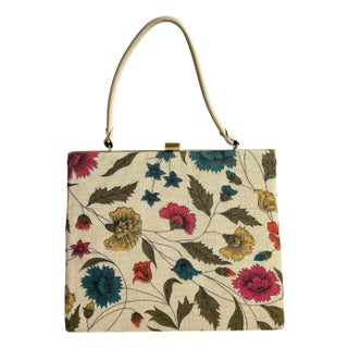 Vintage Frame Bag Floral Thistle Top Handle Purse Tapestry Carpet Tan Flower For Sale