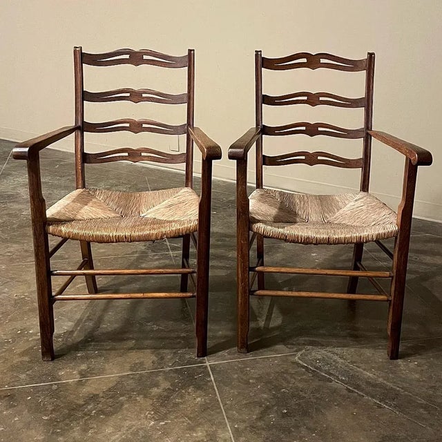 Mid 20th Century Set of 6 Country French Dining Chairs With Rush Seats Includes 2 Armchairs For Sale - Image 5 of 13