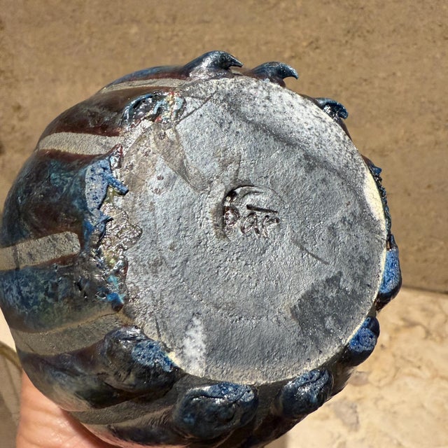 Modernist Studio Art Pottery Blue Vase Vessel Signed For Sale - Image 9 of 11