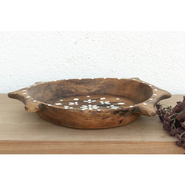 Rustic Wood Artisanal Bowl W/Floral Design For Sale In Los Angeles - Image 6 of 6
