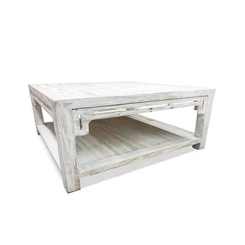 Asian White Wash Square Coffee Table is made out elm wood. It has shelf at the bottom, which is very good storage....
