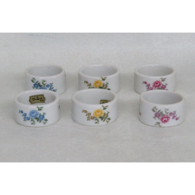 White Shafford Japan Porcelain Floral Blue Yellow Pink Napkin Rings Set of Six For Sale - Image 8 of 8