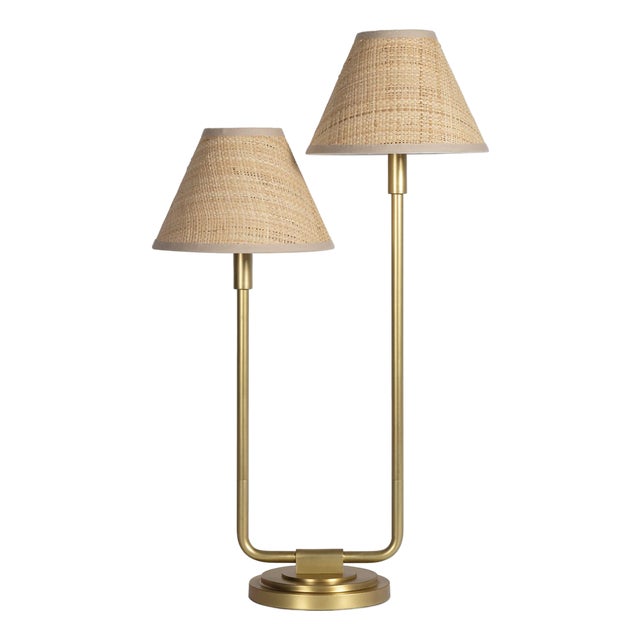 Polly Double Arm Table Lamp, Natural Brass with Rattan Shade For Sale