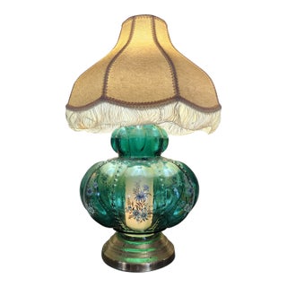 Rare 1940s Emerald Green GWTW Lamp Hand Painted Enamel Dual Light Pristine For Sale