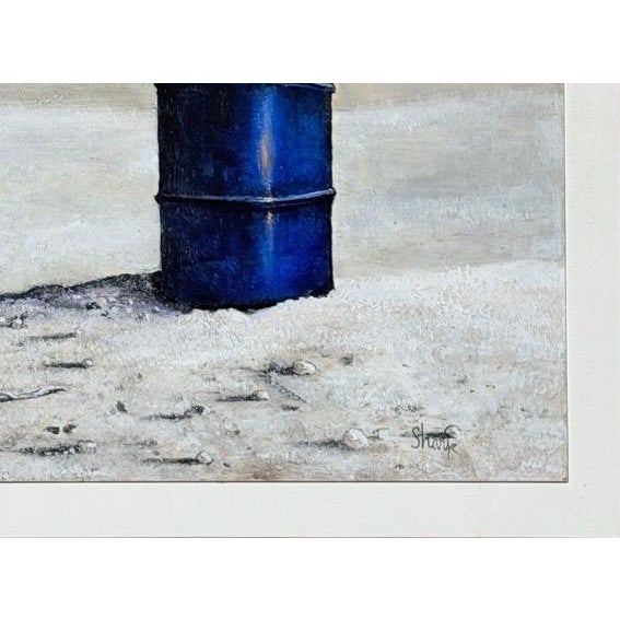 Original 1970s Pacific Northwest Oil on Board Painting Crow on Blue Drum by William Bill Sharp For Sale - Image 9 of 13