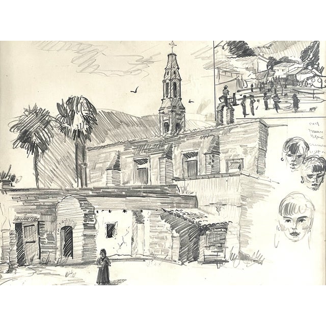 1960s Leonard Scheu Impressionist Architectural Figures Signed Drawing Gouache For Sale - Image 5 of 11