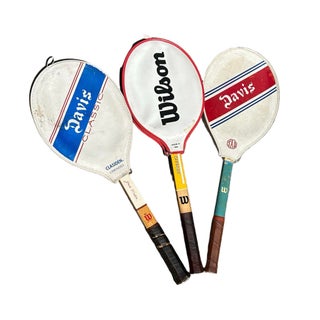 Collection of Vintage Wooden Wilson Tennis Rackets With Cover and Blue and Yellow Accents For Sale
