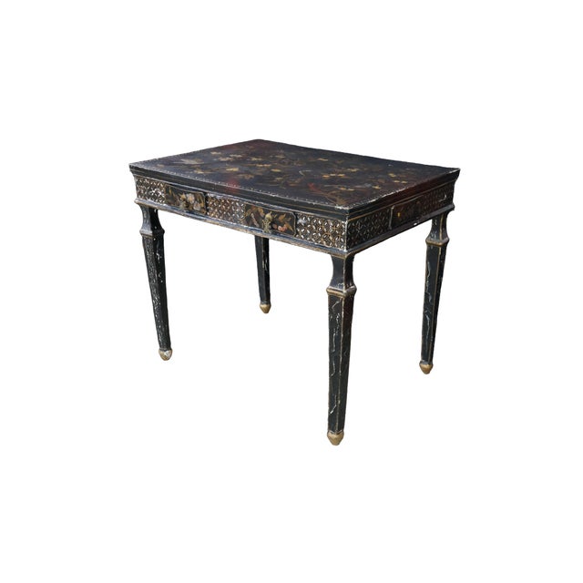 Mid-Century Modern Vintage Chinoiserie Black Lacquered Floral Bird Writing Desk Library Table 35" For Sale - Image 3 of 18