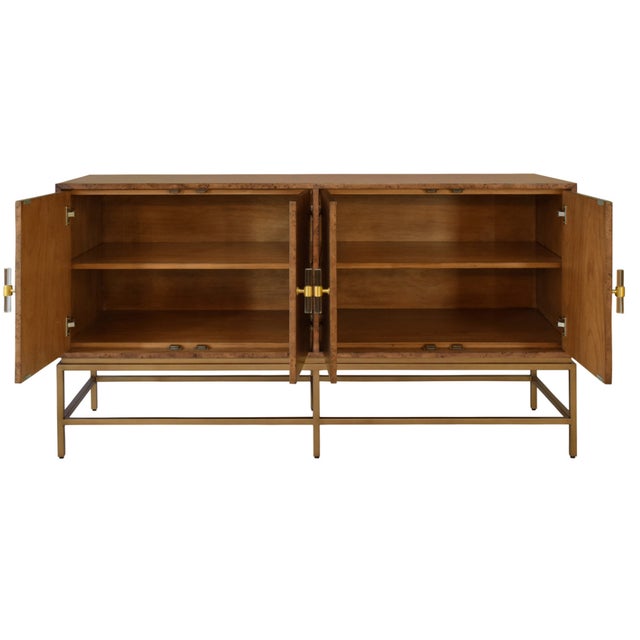 Contemporary Matthew Izzo Home Ariel Dark Burlwood Four Door Buffet With Acrylic and Antique Brass Door Pulls and Antique Brass Base For Sale - Image 3 of 9