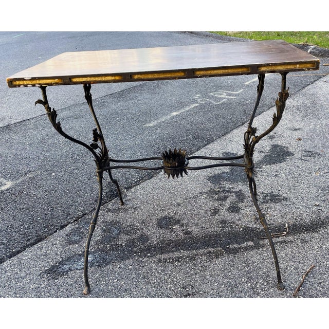French Wrought Iron Side Table W/ Flowers & Wooden Top For Sale - Image 4 of 12