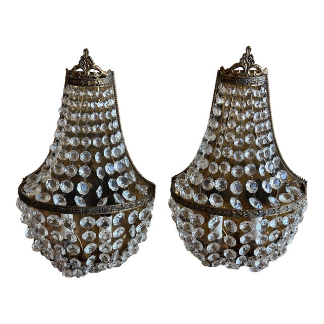 Pair of Vintage Hollywood Regency / French Empire-Style Basket Wall Sconces For Sale