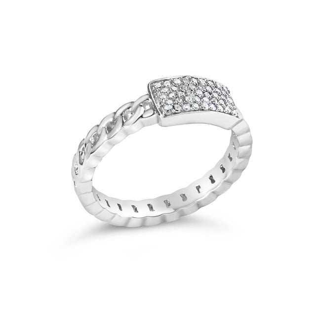 Contemporary .925 Sterling Silver 1/5 Cttw Diamond ID and Cuban Link Band Ring (I-J Color, I2-I3 Clarity) - Ring - Size 7 For Sale - Image 3 of 6